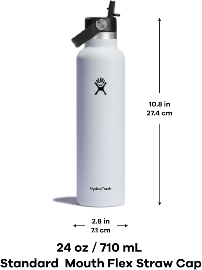 Hydro Flask 24 Oz Stainless Steel Standard Mouth Water Bottle with Flex Straw Cap and Double-Wall Vacuum Insulation