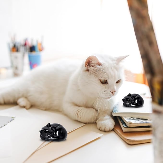 WHAL&YUNE Crystal Cat Figurine, 1PC Black Obsidian Cat, Natural Sleeping Cat Ornament Hand Carved Cat Statue Cat Home Decor Crystal Decoration for Cat Lovers, Gift 1.5"