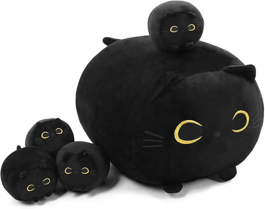 Black Cat Stuffed Animal Mommy Cat Plush Toys with 4 Squishy Baby in Her Tummy Soft Cute Hugging Pillows for Boys and Girls