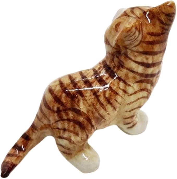 WitnyStore Tiny 1½" Long Brown White Tabby Shorthair Cat Tiptoeing Figurine - Miniature Hand Made Painted Ceramic Cats Kitten Feline Animal Cute Porcelain Decorative Collectible Figurines Décor Gifts
