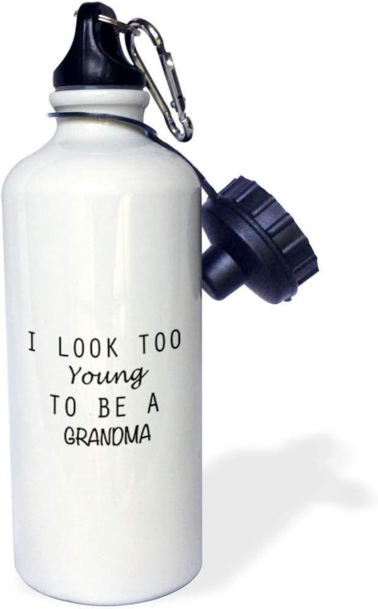 3dRose I Look Too Young to be a Grandma Sports Water Bottle, 21 oz, White