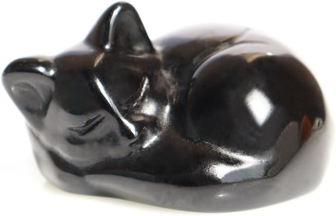 Cat Decor, 1PC Black Obsidian Cat Figurine, Gemsone Sleeping Cat Shaped Stone, Hand Carved Healing Crystal Gift for Cat Lover, Obsidian Sleeping Cat Statue for Home, Rock Collection 1.5''