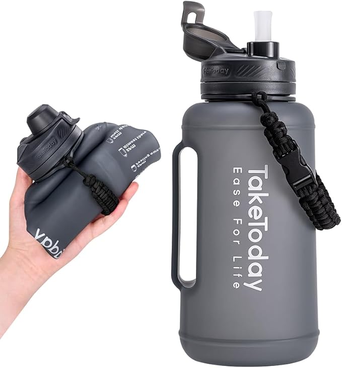 68 oz Collapsible Water Bottles with Straw, Half Gallon Water Bottle with Motivational Time Marker, Large Reusable Silicone Water Jug with Paracord Handle for Sports, Outdoors (Black)