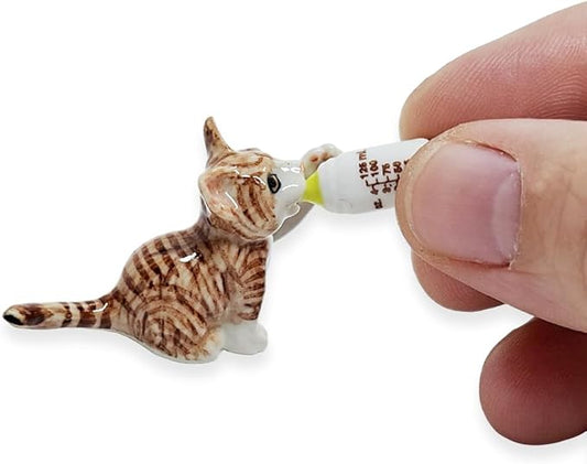 WitnyStore Tiny 1½" Brown White Tabby Shorthair Cat Drinking Baby Bottle Figurine - Miniature Hand Made Painted Ceramic Cats Kitten Animal Cute Porcelain Decorative Collectible Figurines Décor Gifts