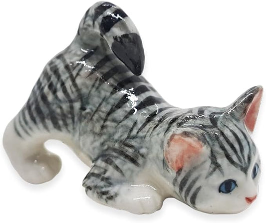 WitnyStore Tiny 2⅛" Gray White Tabby Shorthair Cat Bending Down Figurine - Miniature Hand Made Painted Ceramic Cats Kitten Feline Animal Cute Porcelain Decorative Collectible Figurines Décor Gifts