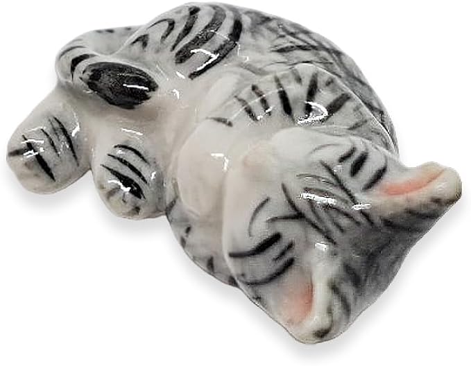 WitnyStore Tiny 1" Long Gray White Tabby Shorthair Cat Sleeping Figurine - Miniature Hand Made Painted Ceramic Cats Kitten Feline Animal Cute Porcelain Decorative Collectible Figurines Décor Gifts