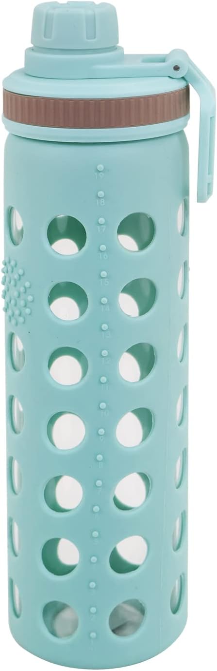 Modern-Depo 20oz Clear Glass Water Bottles Extra Lid Odor Proof and Stain Resistant Wide Mouth Reusable Fitness Sports Bottle with Sleeve, Motivational Water Jug, Blue