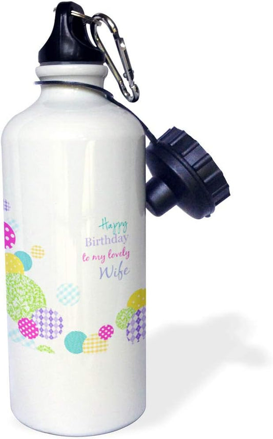 3dRose Happy Birthday to my lovely Wife modern colorful dots pattern on white-Sports Water Bottle, 21oz , 21 oz, Multicolor