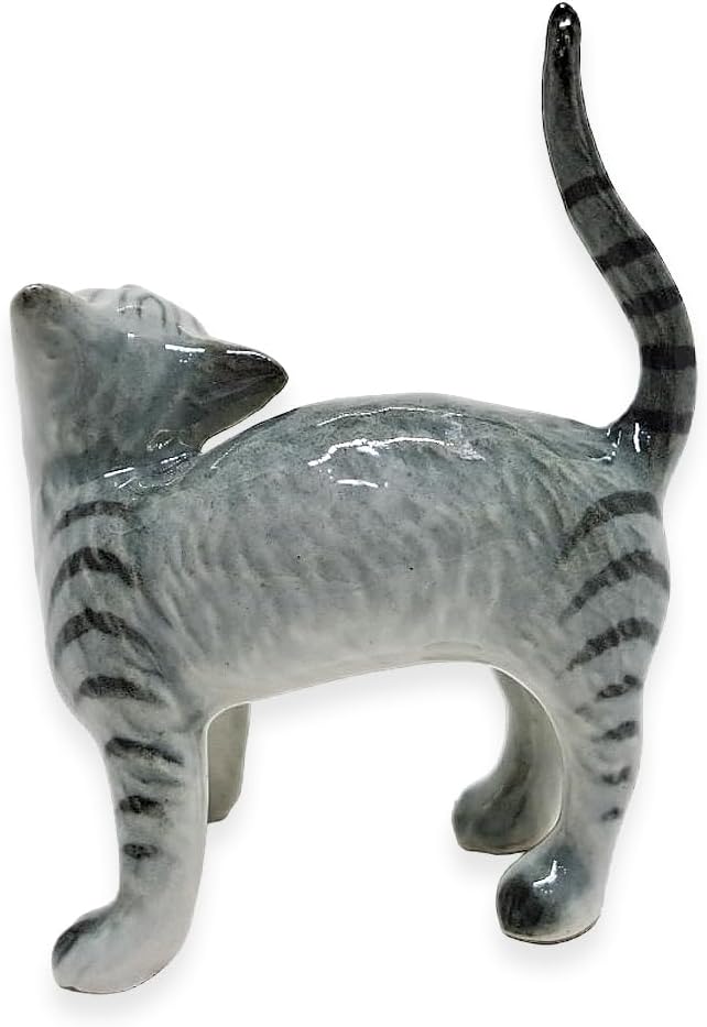 WitnyStore Tiny 2¼" Gray Tabby Shorthair Cat Standing Look Up Figurine - Miniature Hand Made Painted Ceramic Cats Kitten Feline Animal Cute Porcelain Decorative Collectible Figurines Décor Gifts