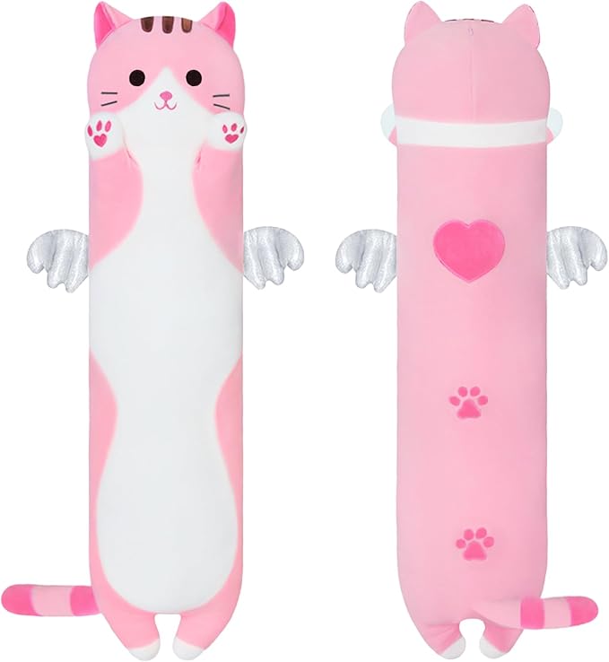 Cute Cat Plush Pillow, Pink Long Kitten Plushie - Soft Kawaii Cat Stuffed Toy for Kids (70cm/27.5inch)