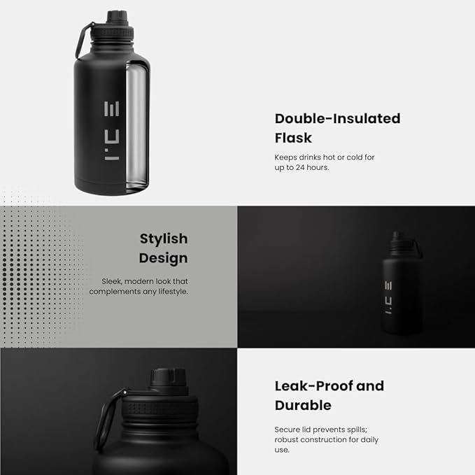 ICE Sports Water Bottle - Includes 3 Lids (1 Straw Lid) & 2 Straws - Leak-proof Stainless Steel Gym & Sport Bottles for Men, Women & Kids - Double Walled, Insulated Thermos (Black, 22 oz)