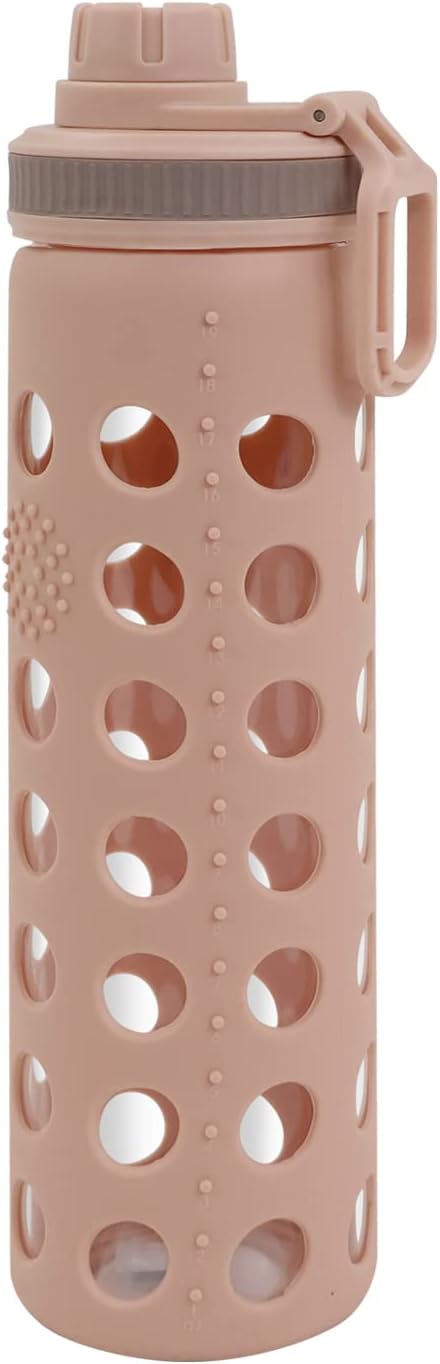 Modern-Depo 20oz Clear Glass Water Bottles Extra Lid Odor Proof and Stain Resistant Wide Mouth Reusable Fitness Sports Bottle with Sleeve, Motivational Water Jug, Khaki