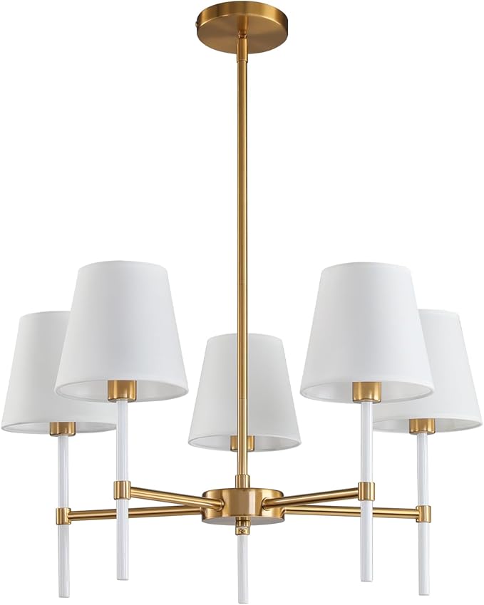 Dining Room Chandeliers Light - 5-Light White and Gold Modern Chandeliers Light Fixtures with White Fabric Shade, Height Adjustable Pendant Island Light for Entryway Farmhouse