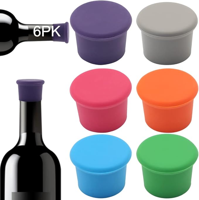 6 PCS Wine Stopper: Silicone Wine Stoppers for Wine Bottles, Reusable Wine Bottle Caps for Glass Bottles, Replaceable Wine Sealer for Keeping Wine/Champagne Fresh, Christmas Gift for Wine Lover