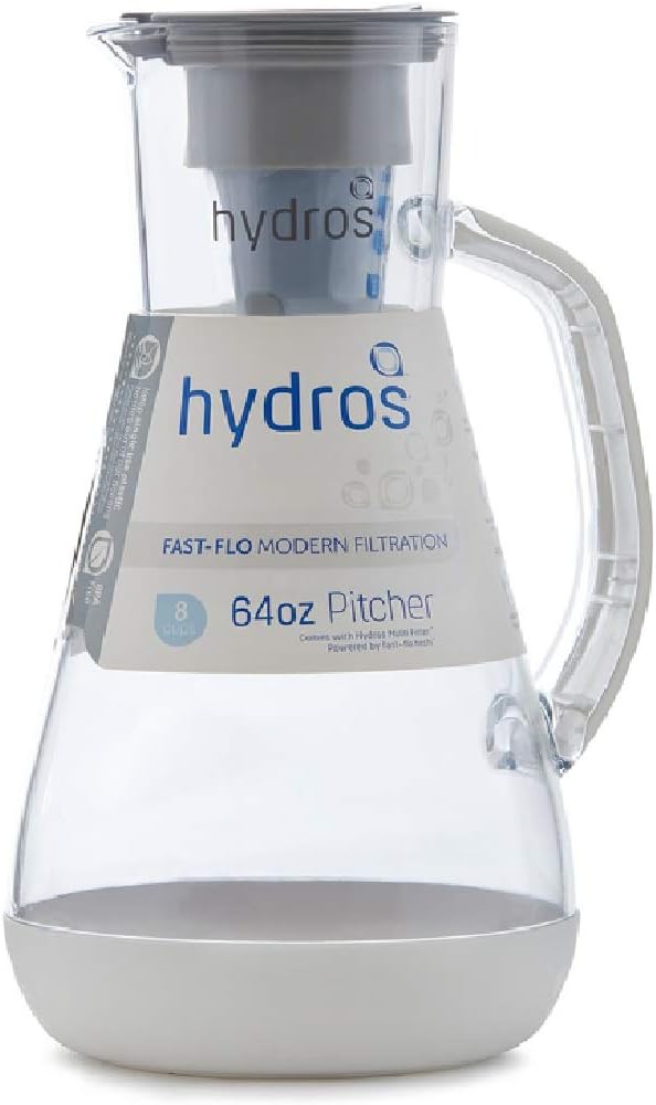 Hydros 64 Ounce Water Filter Pitcher with Patented Fast Flo Tech, 60 Second Quick Fill-Up and BPA-Free Recyclable Filter, Eight Cup Capacity, White