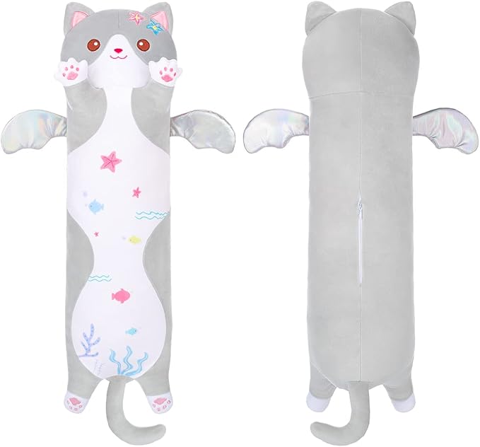 AIXINI Long Cat Plush Pillow Cartoon Cute Gray Cat Stuffed Animals, Soft Kawaii Kitten Plushies Pillow Toy for Kids (Gray,19.7inch)