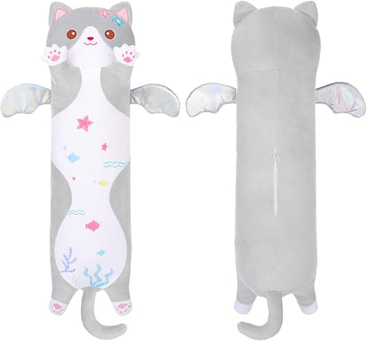 AIXINI Long Cat Plush Pillow Cartoon Cute Gray Cat Stuffed Animals, Soft Kawaii Kitten Plushies Pillow Toy for Kids (Gray,27.5inch)