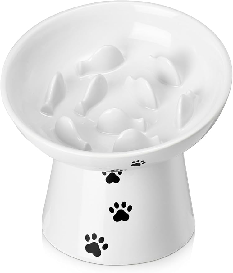 Y YHY Slow Feeder Cat Bowl, Ceramic Cat Slow Feeder Bowl, 6 Inches, Elevated, Anti Vomiting for Dry and Wet Food, White