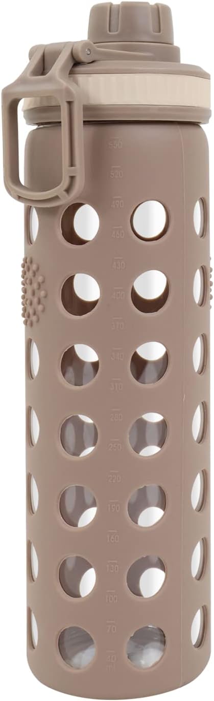 Modern-Depo 20oz Clear Glass Water Bottles Extra Lid Odor Proof and Stain Resistant Wide Mouth Reusable Fitness Sports Bottle with Sleeve, Motivational Water Jug, Smoking