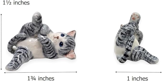WitnyStore Tiny 1¾" Long White Gray Tabby Shorthair Cat Lying Leg Up Figurine - Miniature Hand Made Painted Ceramic Cats Kitten Feline Animals Cute Porcelain Decorative Collectible Figure Décor Gifts