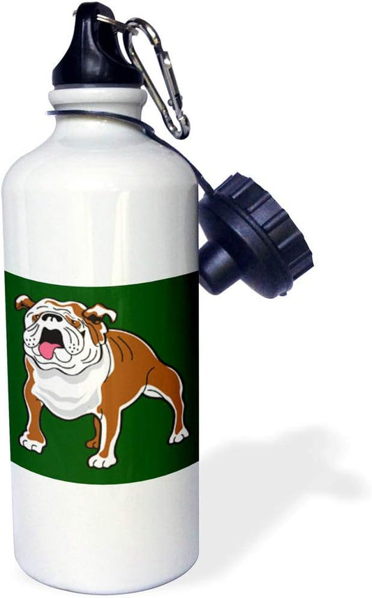 3dRose "Retro Style Animal Pet Dog Realistic Brown And Bulldog Cartoon Dark Green Background" Sports Water Bottle, 21 oz, White