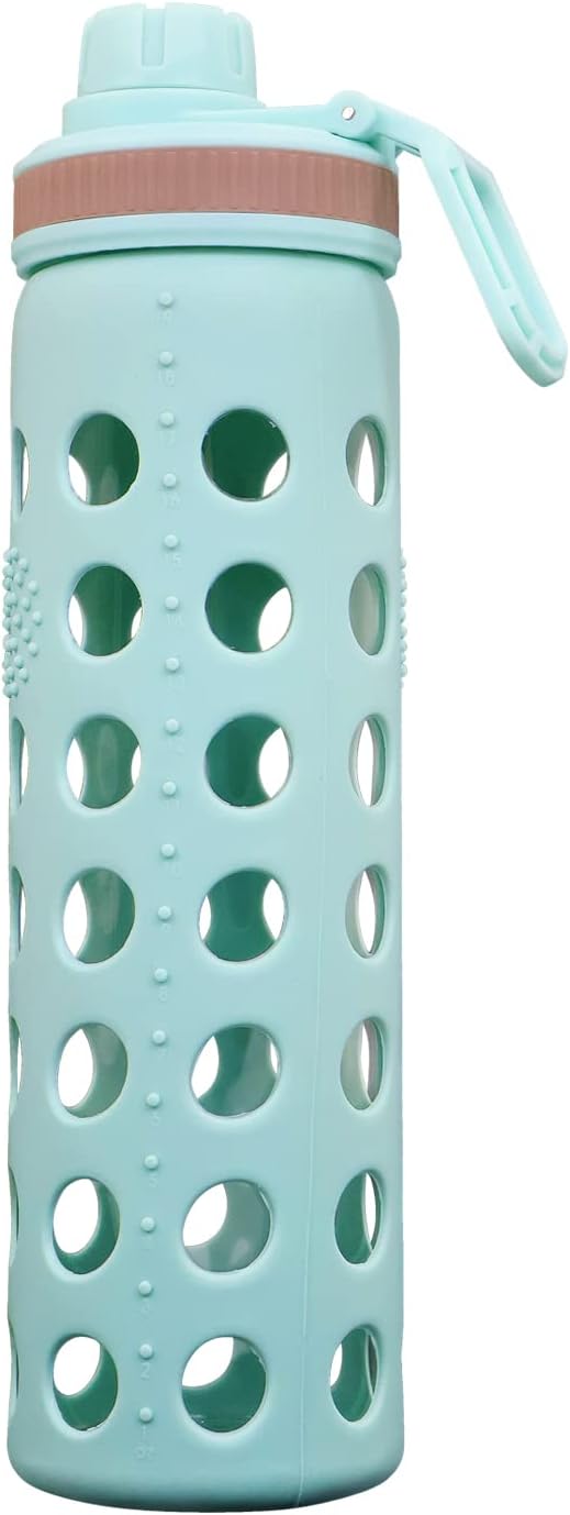 Modern-Depo 20oz Clear Glass Water Bottles Extra Lid Odor Proof and Stain Resistant Wide Mouth Reusable Fitness Sports Bottle with Sleeve, Motivational Water Jug, Blue