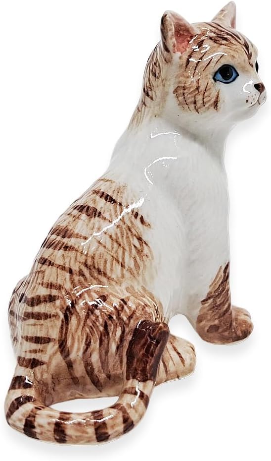 WitnyStore Tiny 2¼" Brown White Tabby Shorthair Cat Sitting Look Right Figurine - Miniature Hand Made Painted Ceramic Cats Kitten Feline Animal Cute Porcelain Decorative Collectible Figure Décor Gifts