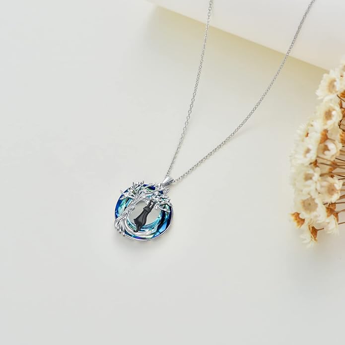 TOUPOP Cat Gifts for Cat Lovers Sterling Silver Cute Cat Tree of Life Pendant Necklace with Blue Circle Crystal Birthday Christmas Jewelry Gifts for Women