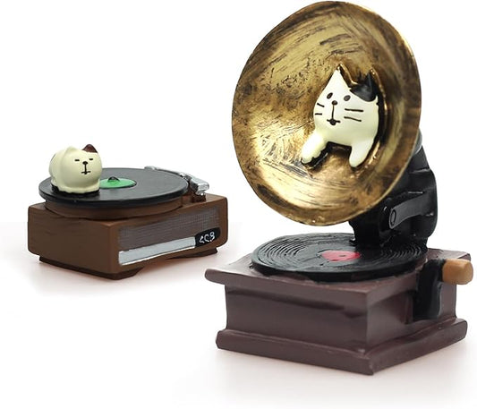 Cat Vintage Phonograph and Cat Record Player Figurine Suitble for Office, Home Decoration Perfect Cute Cat Gift for Cat Lovers