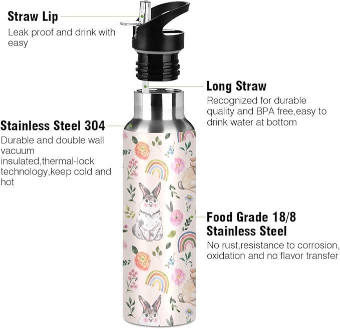 MNSRUU Insulated Water Bottle with Straw, Rainbow and Unicorns Stainless Steel Flasks for Sports Cycling Hiking School
