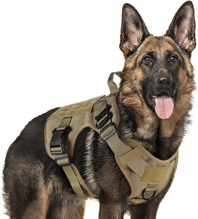 rabbitgoo Tactical Dog Harness Medium Sized, Heavy Duty Pet Harness with Handle, No-Pull Service Vest Medium Breed, Adjustable Military Dog Vest for Training Hunting Walking, Brown, M