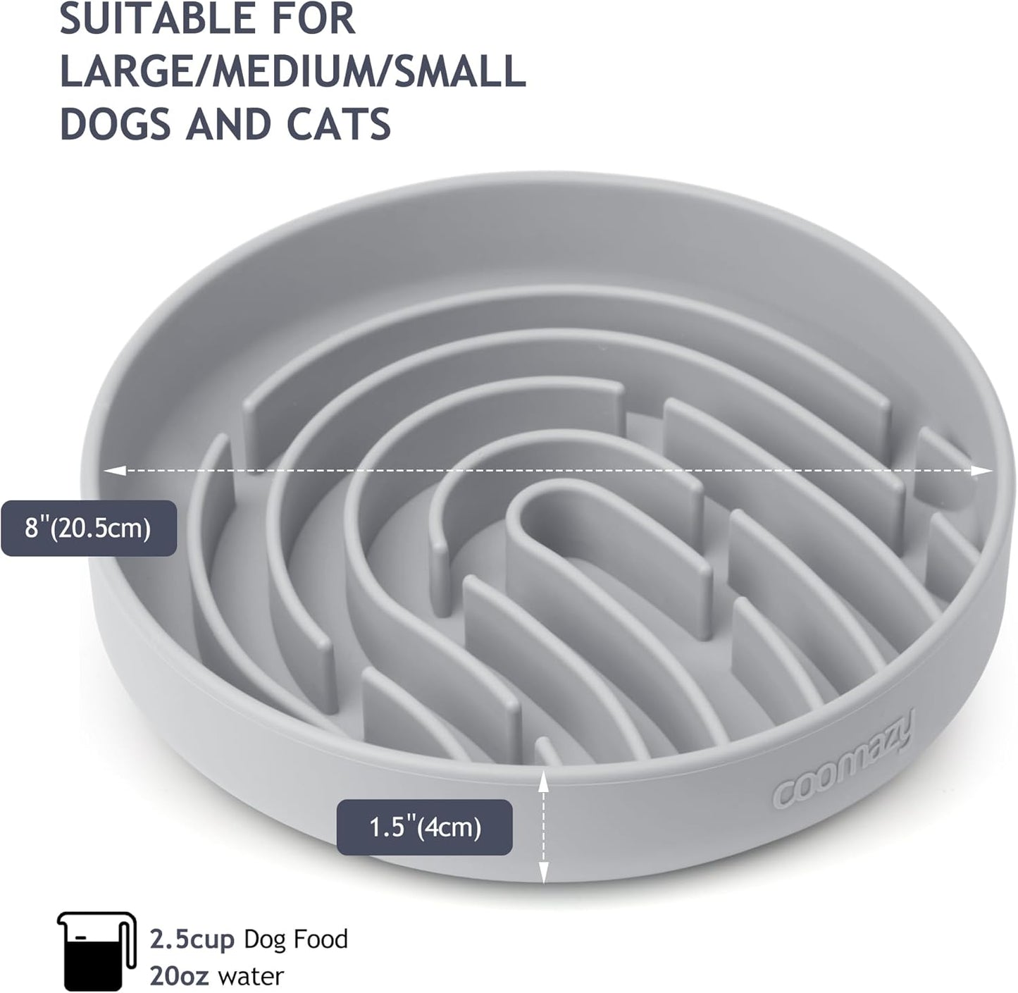 Coomazy Large Silicone Slow Feeder Dog Bowls, Interactive Puzzle Toy for Pets Food Training, Keeps Dogs Busy, Prevents Puppy Overeating (Smoke Gray, Large: 3.2Cup)