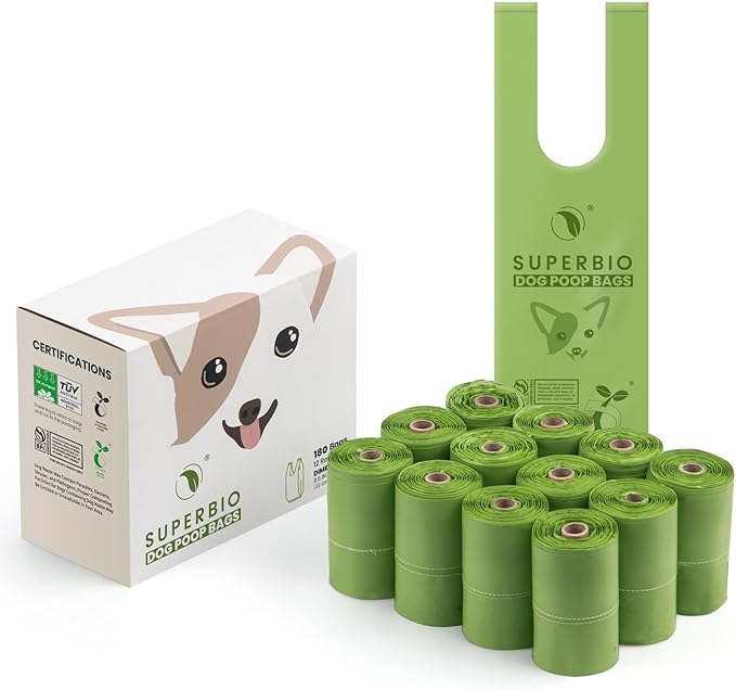 SUPERBIO Handle Tie Dog Poop Bags,12 Rolls,180 Bags,Extra Thick and Strong, OK compost INDUSTRIAL.