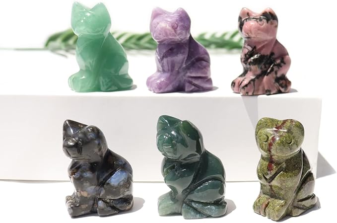 Gemstone Cat Figurine Mix 6PCS, Crystal Sitting Kitten Healing Carved Lucky Animal Carving for Home Decor 1.5''