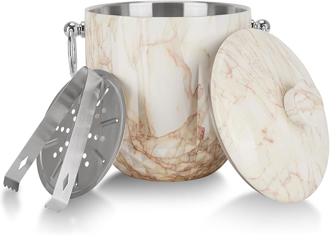 Ice Bucket with Lid, 3L Diamond Bottom Design Double Wall Stainless Steel Insulated Ice Bucket, Champagne Bucket, Wine Bucket for parties, cocktail bar, Marble
