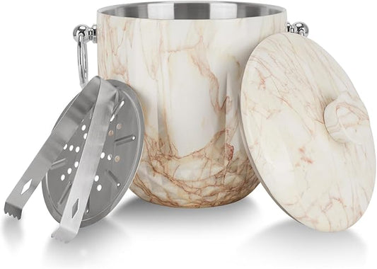 Ice Bucket with Lid, 3L Diamond Bottom Design Double Wall Stainless Steel Insulated Ice Bucket, Champagne Bucket, Wine Bucket for parties, cocktail bar, Marble