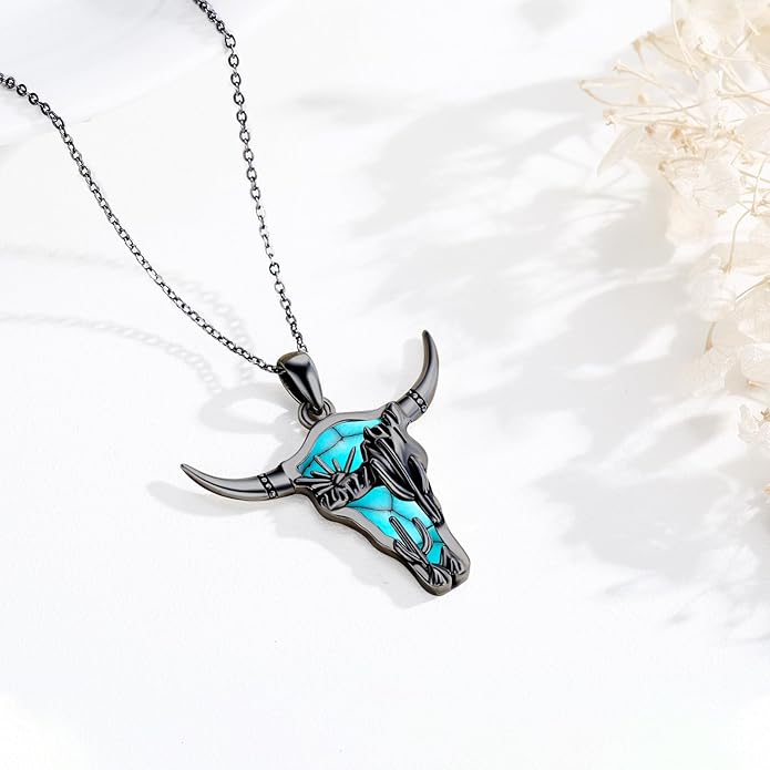 Midir&Etain Western Necklace 925 Sterling Silver Turquoise Pendant Cow Skull/Hat/Tag/Cactus Cowgirl Country Jewelry for Women Men
