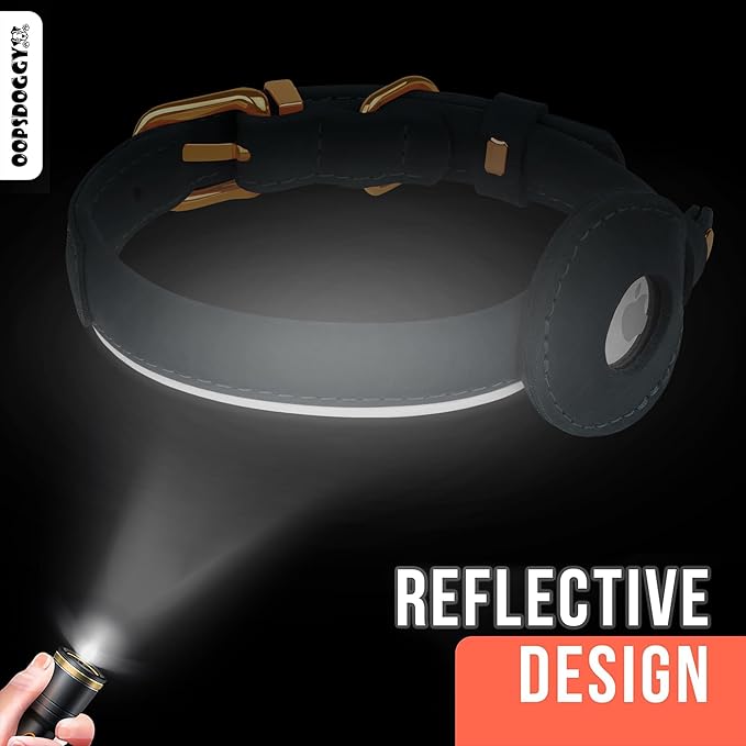 OOPSDOGGY Rolled Leather Dog Collar with Airtag Holder - Reflective Round Airtag Dog Collar - Soft Tracking Pet Collar for Small Dogs Puppy Cats Kitten (Camel, S, 10"-13")