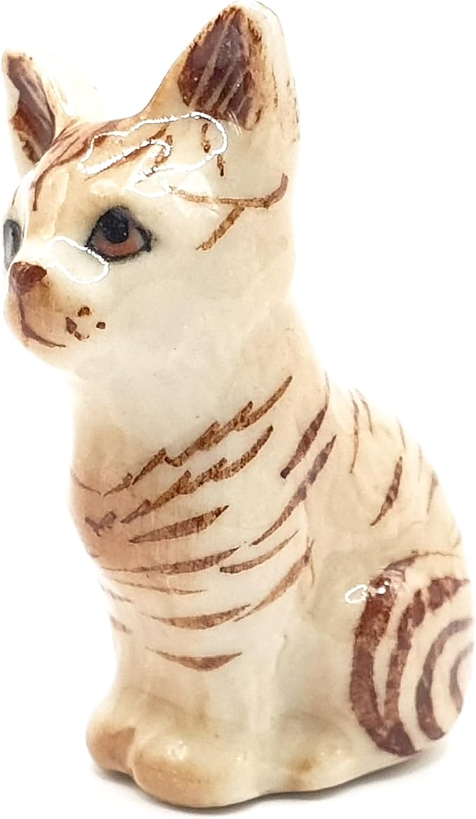 WitnyStore Tiny 1⅛" Brown Tabby Shorthair Cat Sitting Tilt Head Figurine - Miniature Hand Made Painted Ceramic Cats Kitten Feline Animal Cute Porcelain Decorative Collectible Figurines Décor Gifts