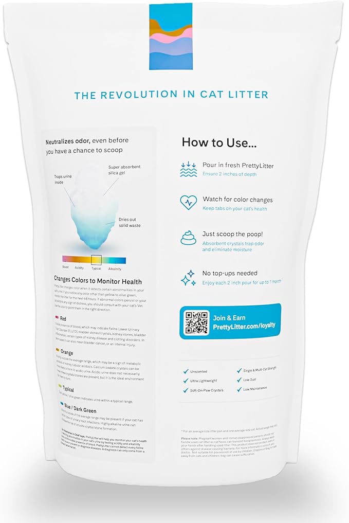 PrettyLitter Health Monitoring Cat Litter (Unscented, Non Clumping) | Lightweight & Low Tracking, Color Changing Silica Gel Crystals, Advanced Odor Control — 6 Lbs, Pack of 1 (One Month Supply)