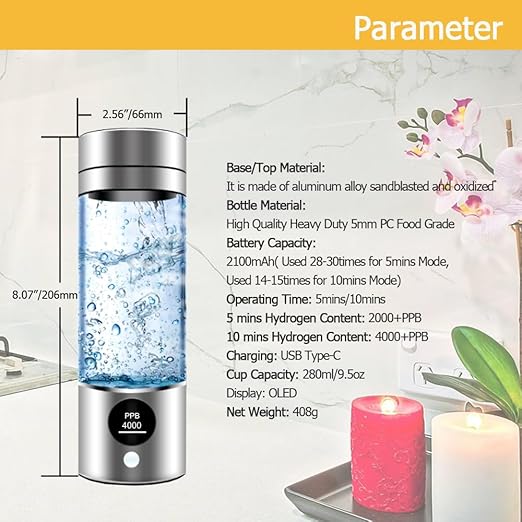 Hydrogen Water Bottle 4000+PPB, 4th Gen Hydrogen Water Generator Bottle with SPE PEM Technology Water Ionizer 5Min Quick Electrolysis, Hydrogen Rich Water Machine, Mothers Day Gifts for Mom (Silver)