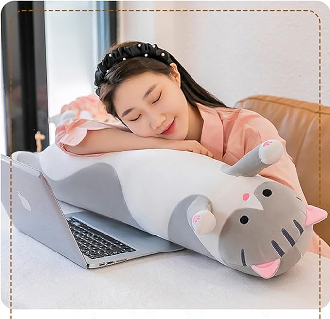 Long Gray Cat Plush Pillow Toy Sleeping Pillow Cute Cartoon Cat Stuffed Animals Soft Long Body Pillow Gift for Kids(35.43in)