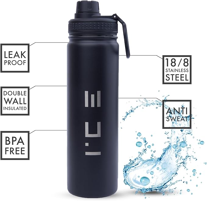 ICE Sports Water Bottle - Includes 3 Lids (1 Straw Lid) & 2 Straws - Leak-proof Stainless Steel Gym & Sport Bottles for Men, Women & Kids - Double Walled, Insulated Thermos (Black, 22 oz)