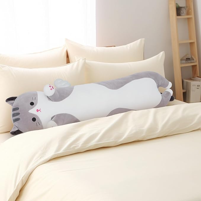 Soft Cat Plush Pillow, Grey Long Cat Stuffed Animals Soft Long Kitten Plushies Kawaii Cat Stuffed Plush Toy for Kids Girlfriend(50cm/19.6inch)