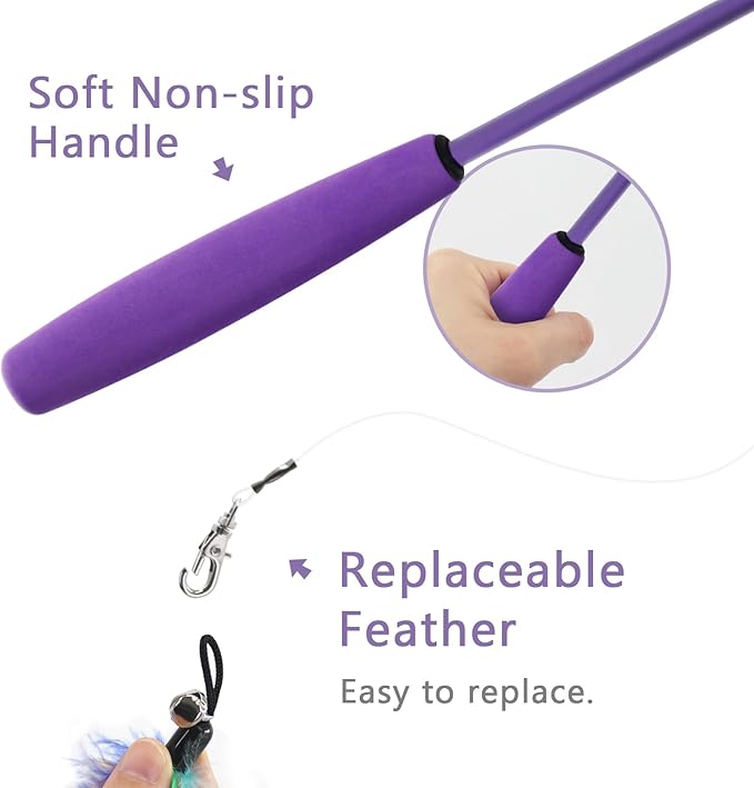 SONGWAY Interactive Cat Feather Toy Set - Retractable Teaser Wand with 6 Pcs Feather Refills with Bell, Cat Wand Toys for Indoor Cats Kittens Play Chase Exercise, Blue