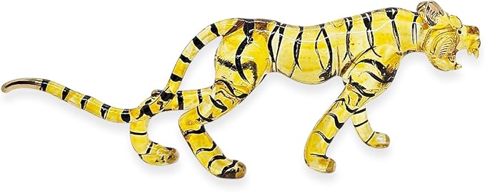 WitnyStore Tiny 8" Long Yellow Black Walking Tiger Roaring Figurine - Miniature Hand Blown Painted Glass Panthera Wild Cat Small Crystal Wildlife Animals Decorative Collectible Figurines Décor Gifts