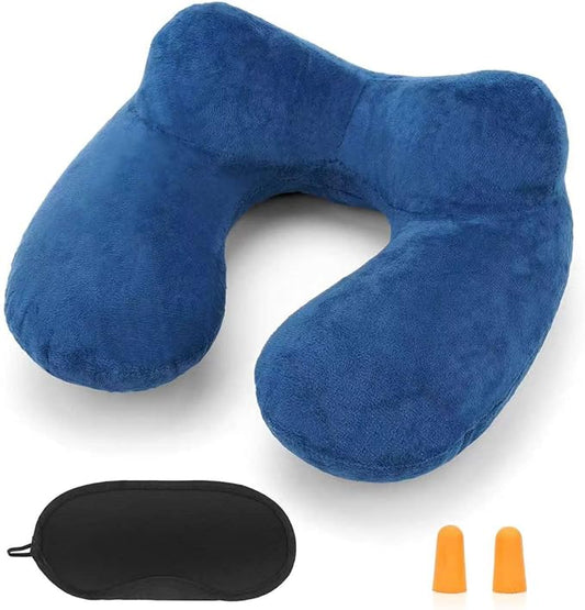 Inflatable Travel Pillow for Airplane Inflatable Neck Pillow for Traveling with Soft Velvet Washable Cover for Sleeping, Airplane,Train, Car, Office, Contoured Eye Masks, Earplugs