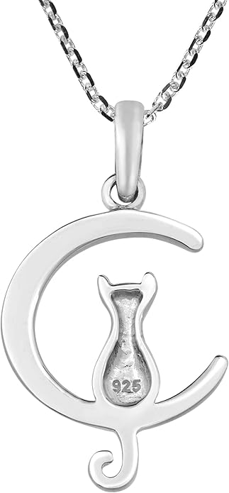 AeraVida Charming Cat Sitting on Crescent Moon .925 Sterling Silver Necklace | Crescent Moon Sterling Silver Necklace for Women