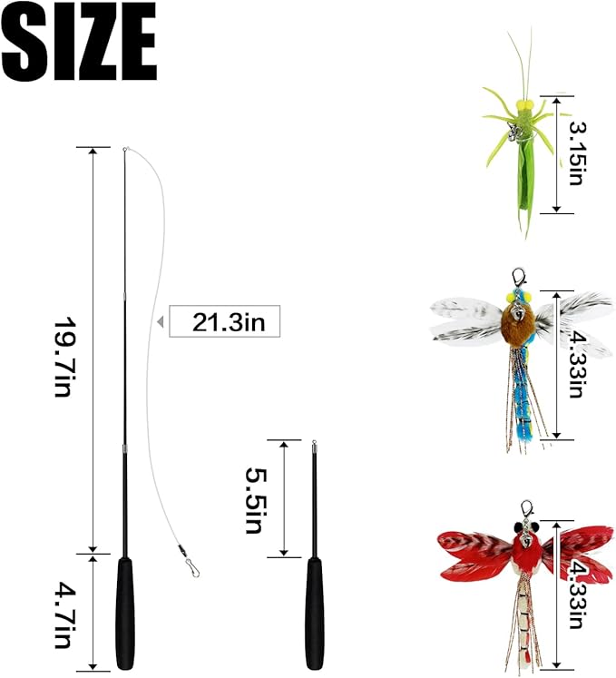 TTcat Cat Feather Wand Toys,Retractable Wand Toy with 3 Simulation Insects Refills, Transparent Carbon Wire,Interactive Cat Toy Kitten Toy for Indoor Cats to Play Chase Exercis