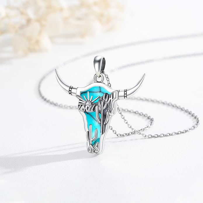 Midir&Etain Western Necklace 925 Sterling Silver Turquoise Pendant Cow Skull/Hat/Tag/Cactus Cowgirl Country Jewelry for Women Men